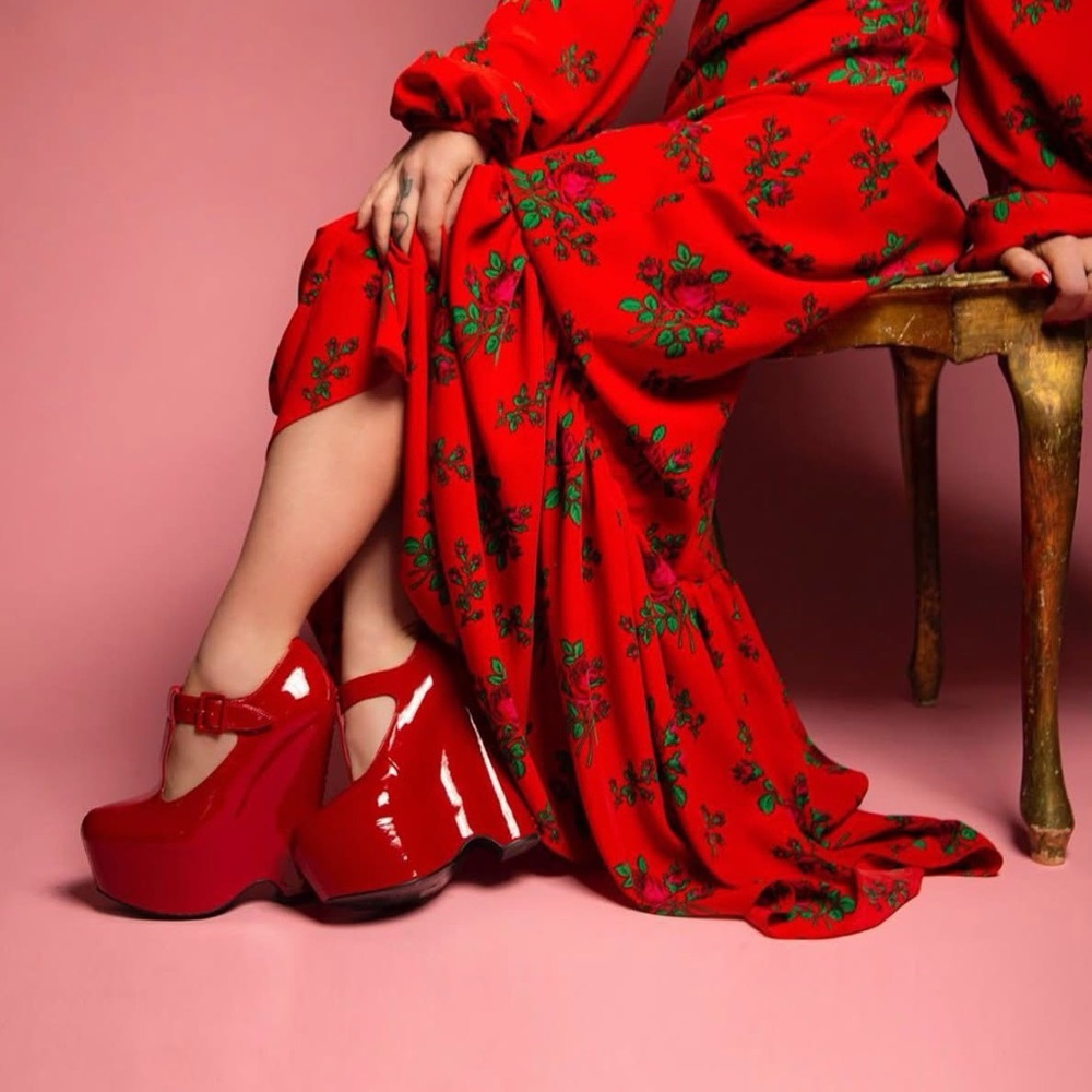 Kat Von D red patent vegan leather FETISH wedge heels